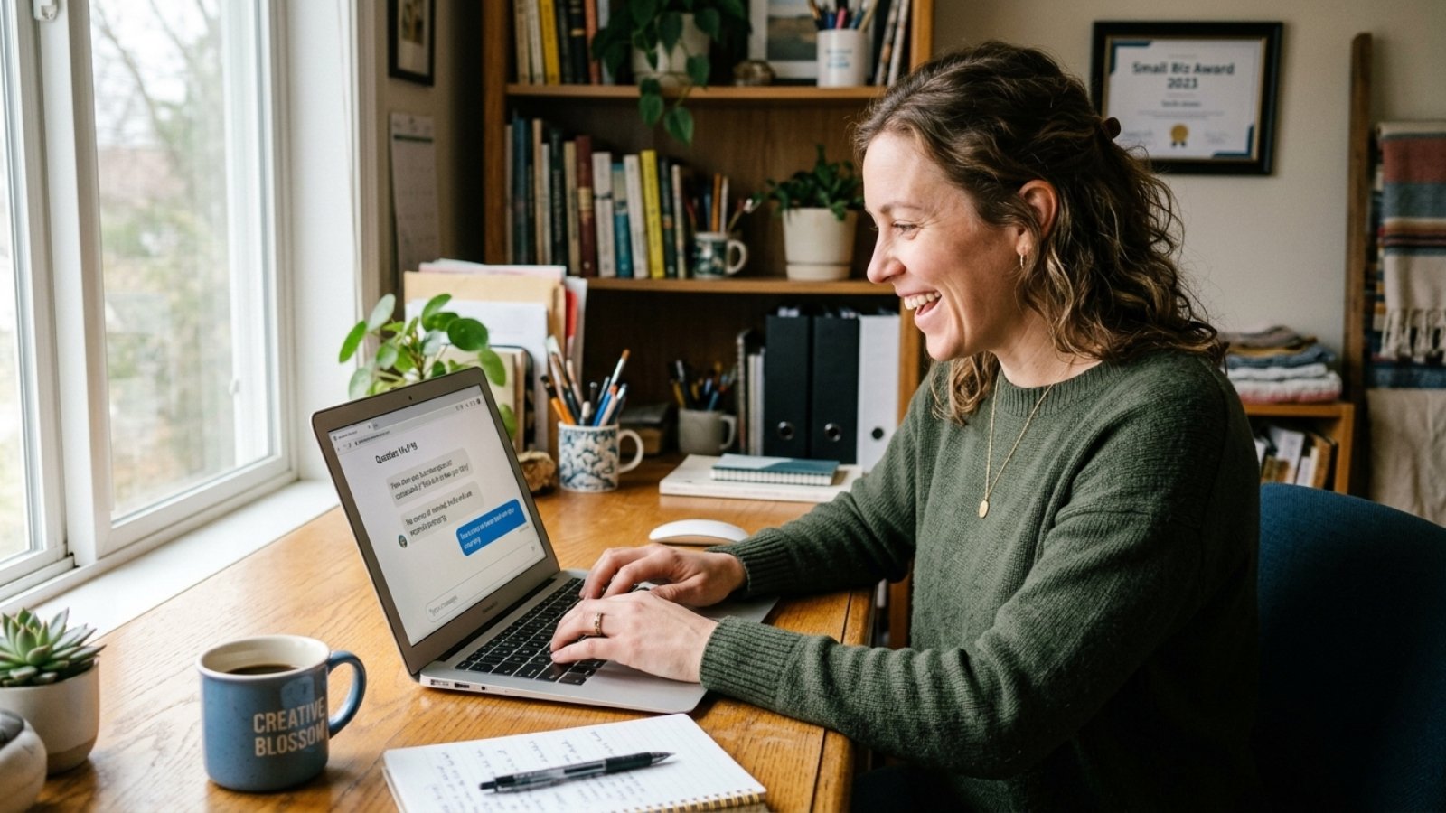 Small business owner filling out a conversational contact form on a laptop
