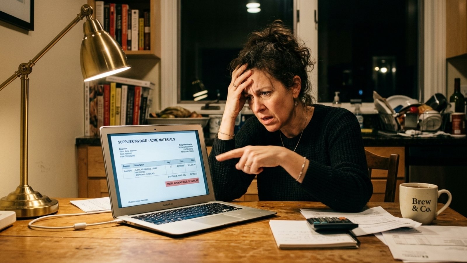 Small business owner reacting to cheap website hidden costs while reviewing an unexpected invoice