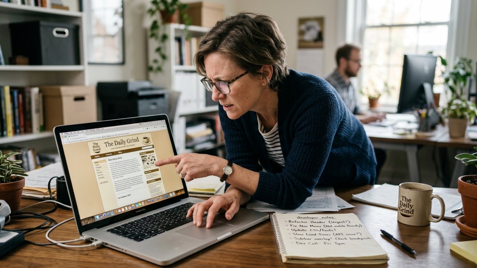 Business owner spotting signs their website needs a redesign while reviewing it on a laptop