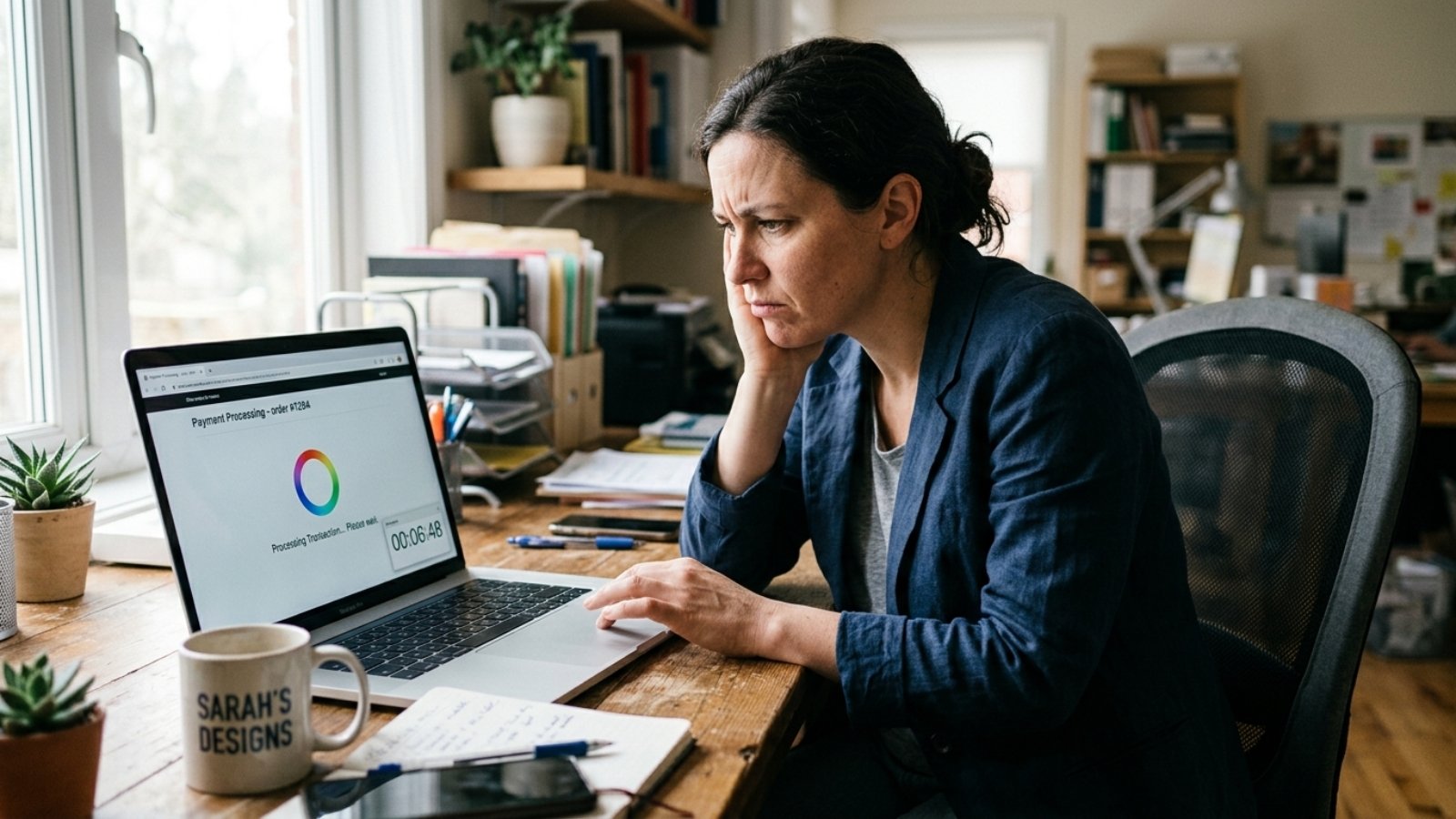 Small business owner waiting for a slow website to load and checking possible causes