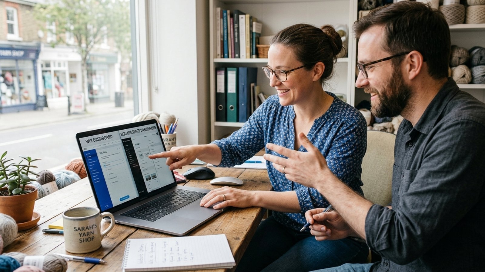 Business owner and developer comparing WordPress vs Wix dashboards on a laptop