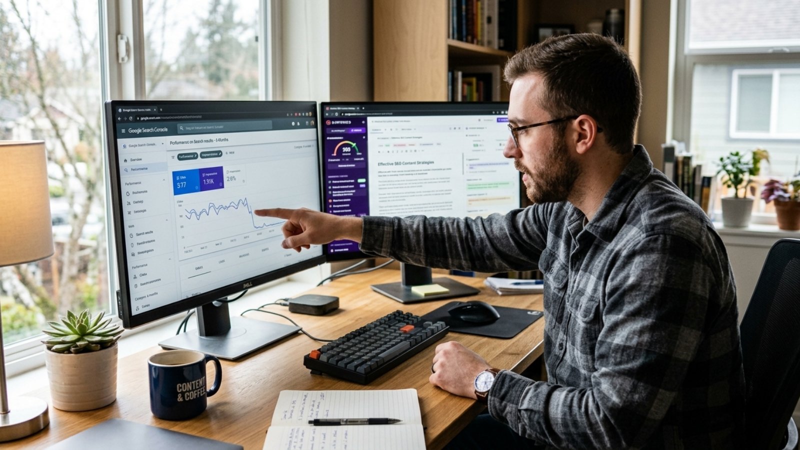 Writer comparing AI vs human-written content performance on a Google Search Console dashboard