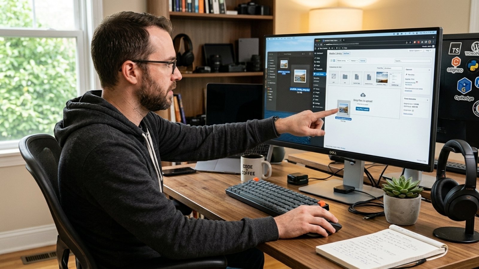 Developer performing WordPress image optimization by comparing WebP and AVIF file sizes on screen