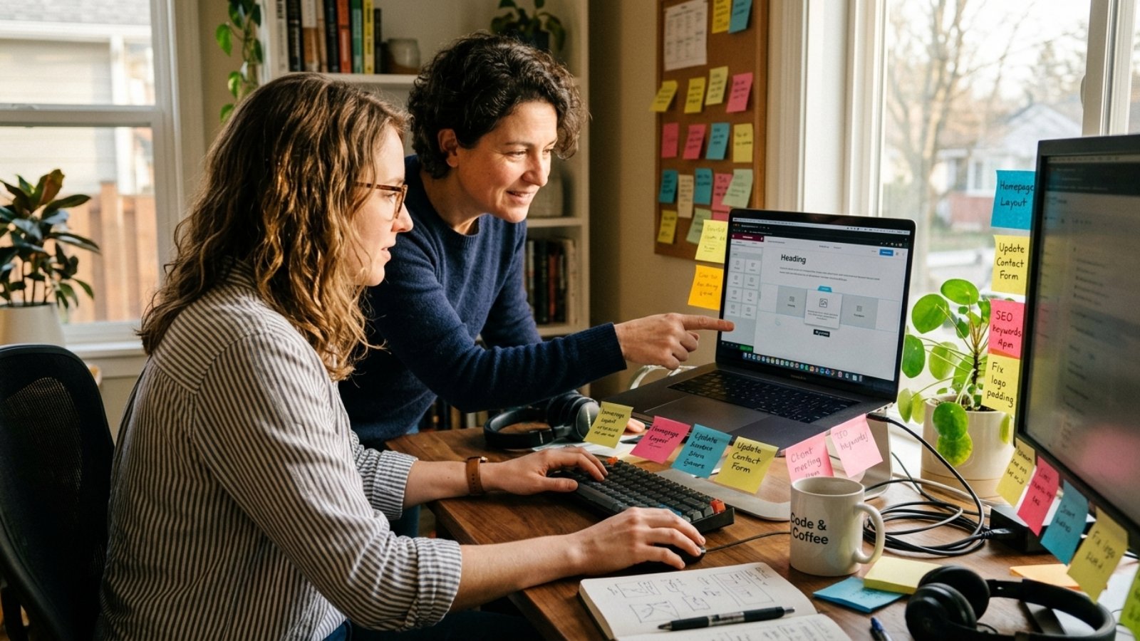 Developer building one of many small business WordPress sites while a client points at the screen