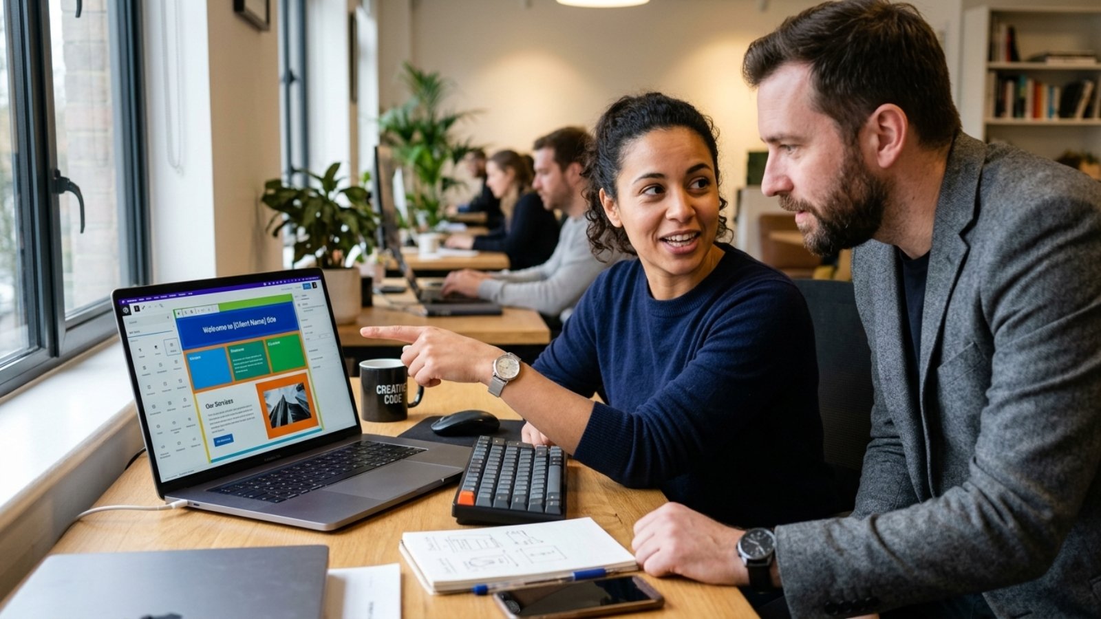 Developer showing a business owner the full site editing interface in WordPress