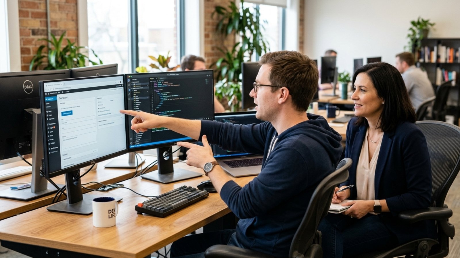 Developer explaining headless WordPress architecture to a business owner using two connected screens