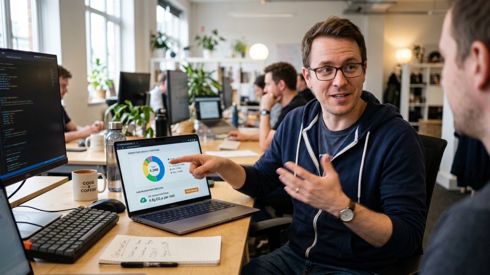 Developer discussing green web design and how a faster website affects carbon footprint