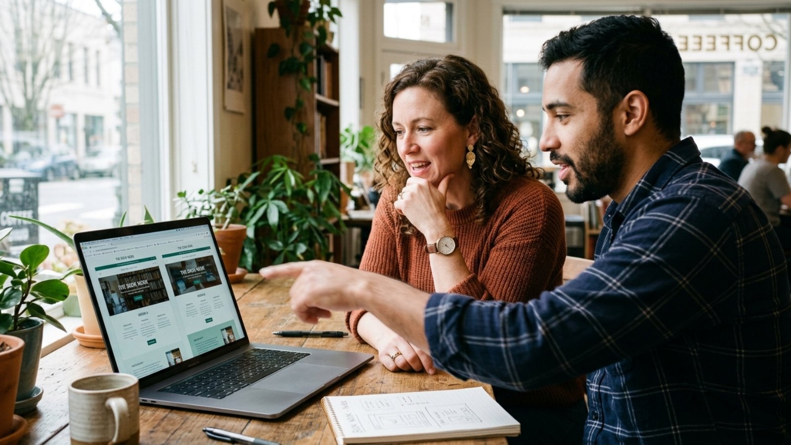 Developer showing a small business owner the Elementor vs Gutenberg comparison on a laptop screen