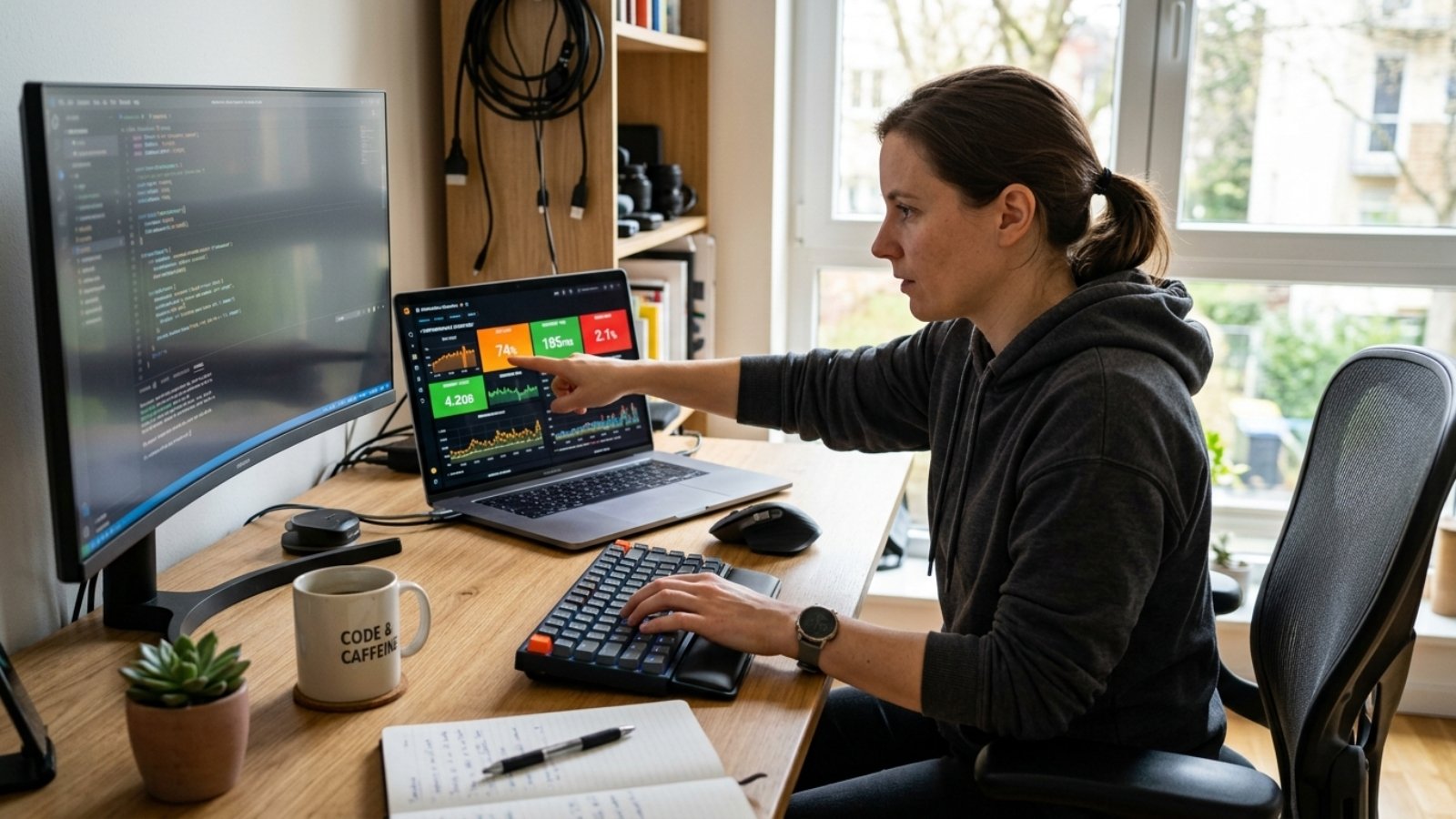 Developer working to improve Core Web Vitals scores shown on a laptop performance dashboard