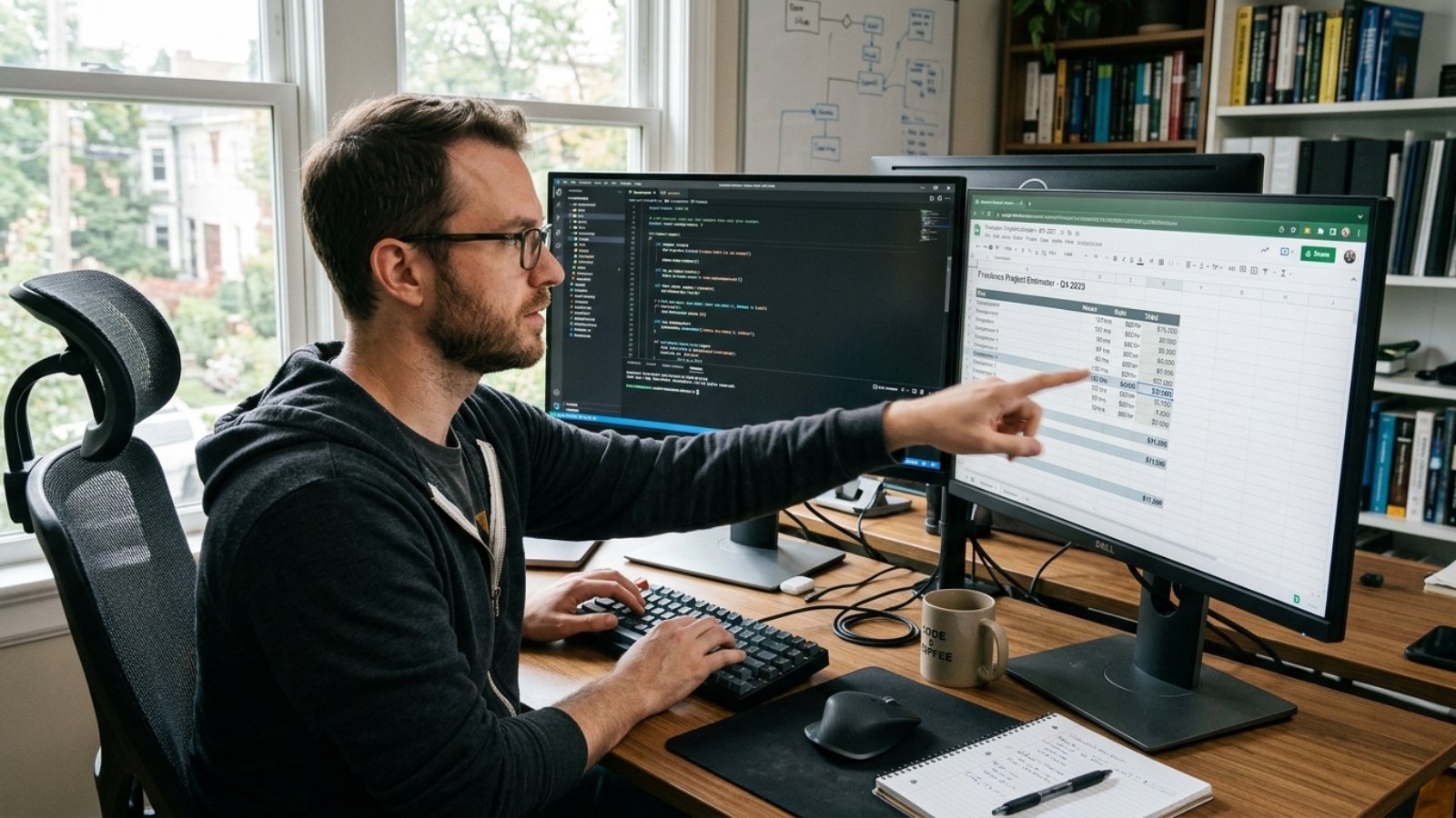 Freelance developer comparing freelancer hourly rates across WordPress, Wix, and Flutter projects on screen