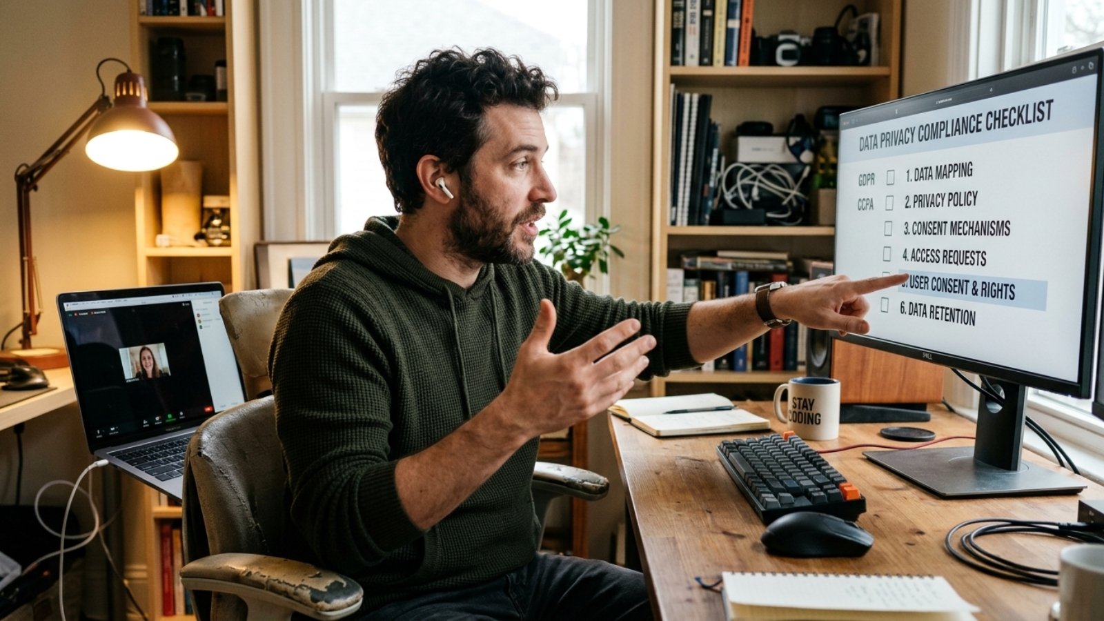 Freelance developer explaining whether US clients care about GDPR during a video call with a client