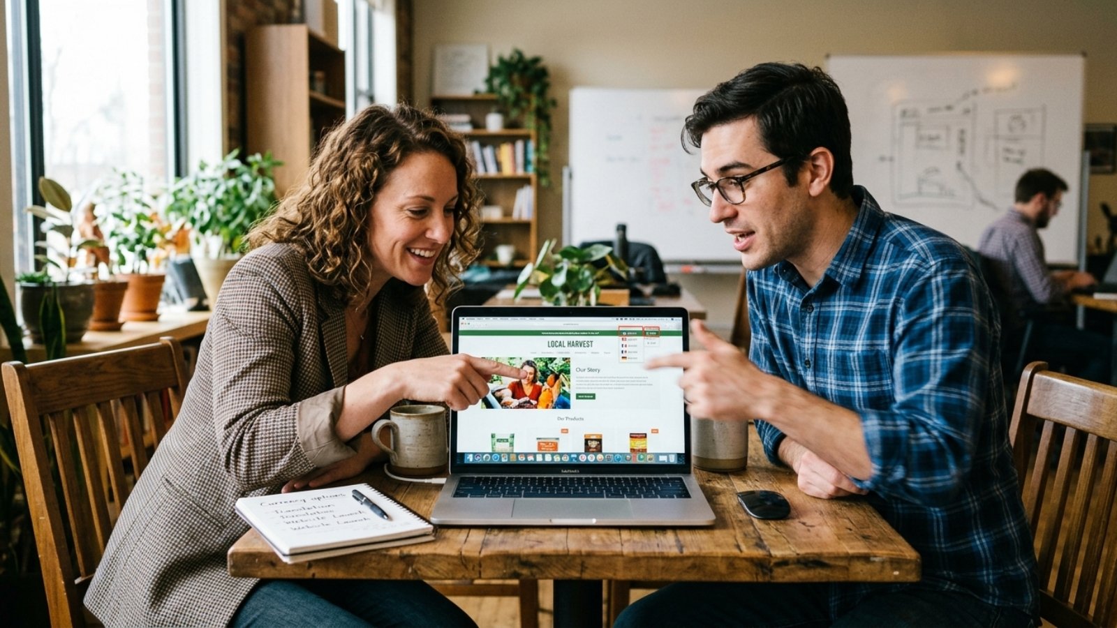 Developer and business owner reviewing a website for European customers with language and currency options on screen
