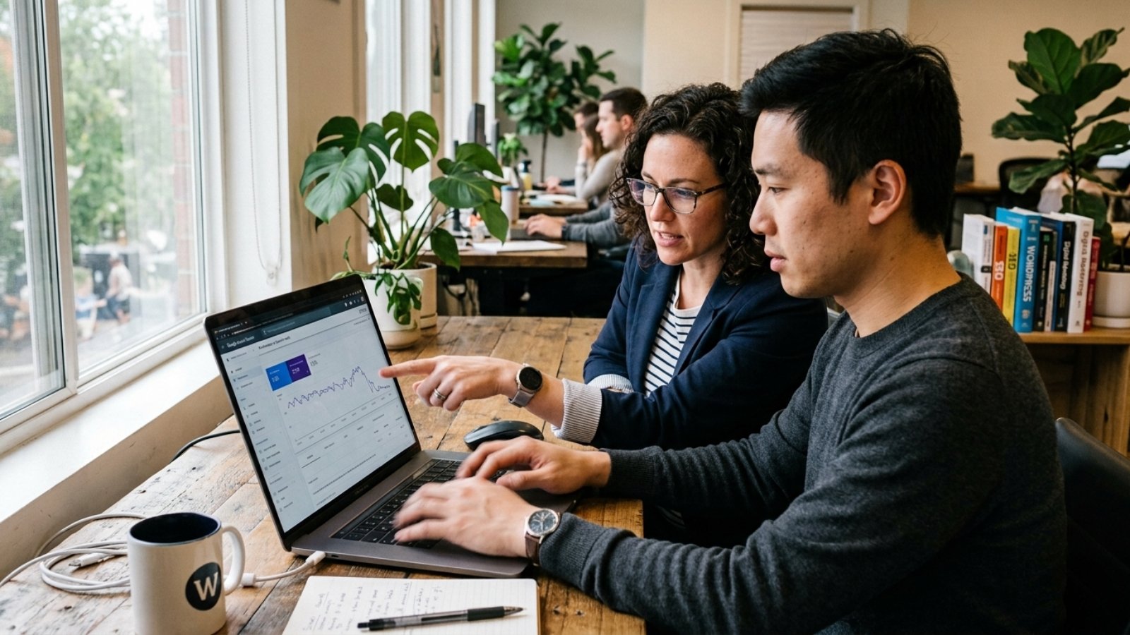 Developer fixing WordPress SEO mistakes while reviewing Google rankings with a business owner