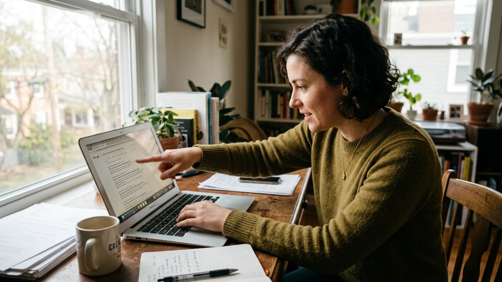 Person reviewing search results to check AI content Google rankings performance on a laptop