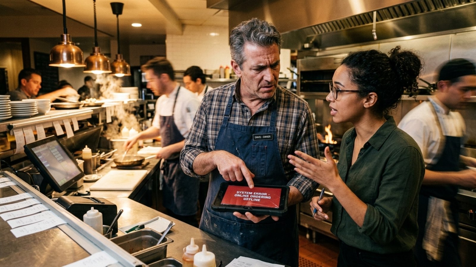 Restaurant owner reviewing restaurant website mistakes on a tablet with a developer during online ordering setup