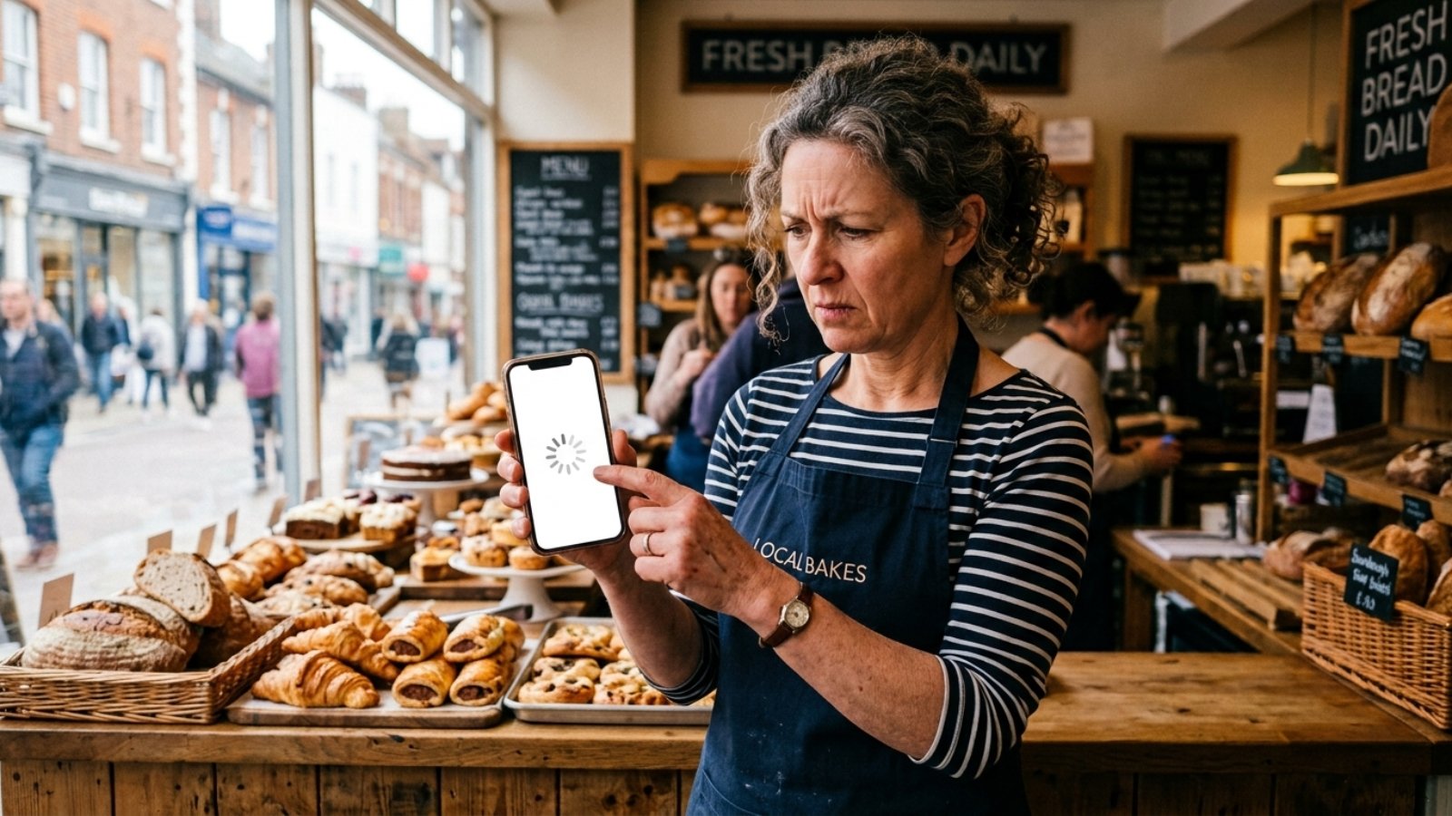UK shop owner spotting one of the common UK small business website mistakes on her phone
