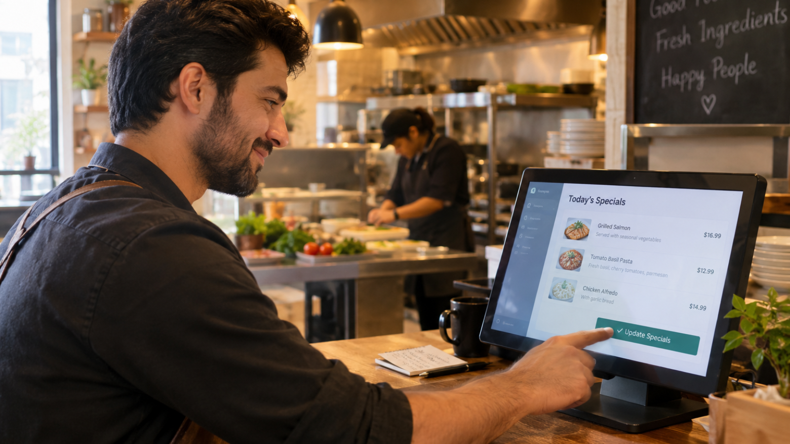 Restaurant owner updating daily specials through a custom WordPress dashboard at the counter