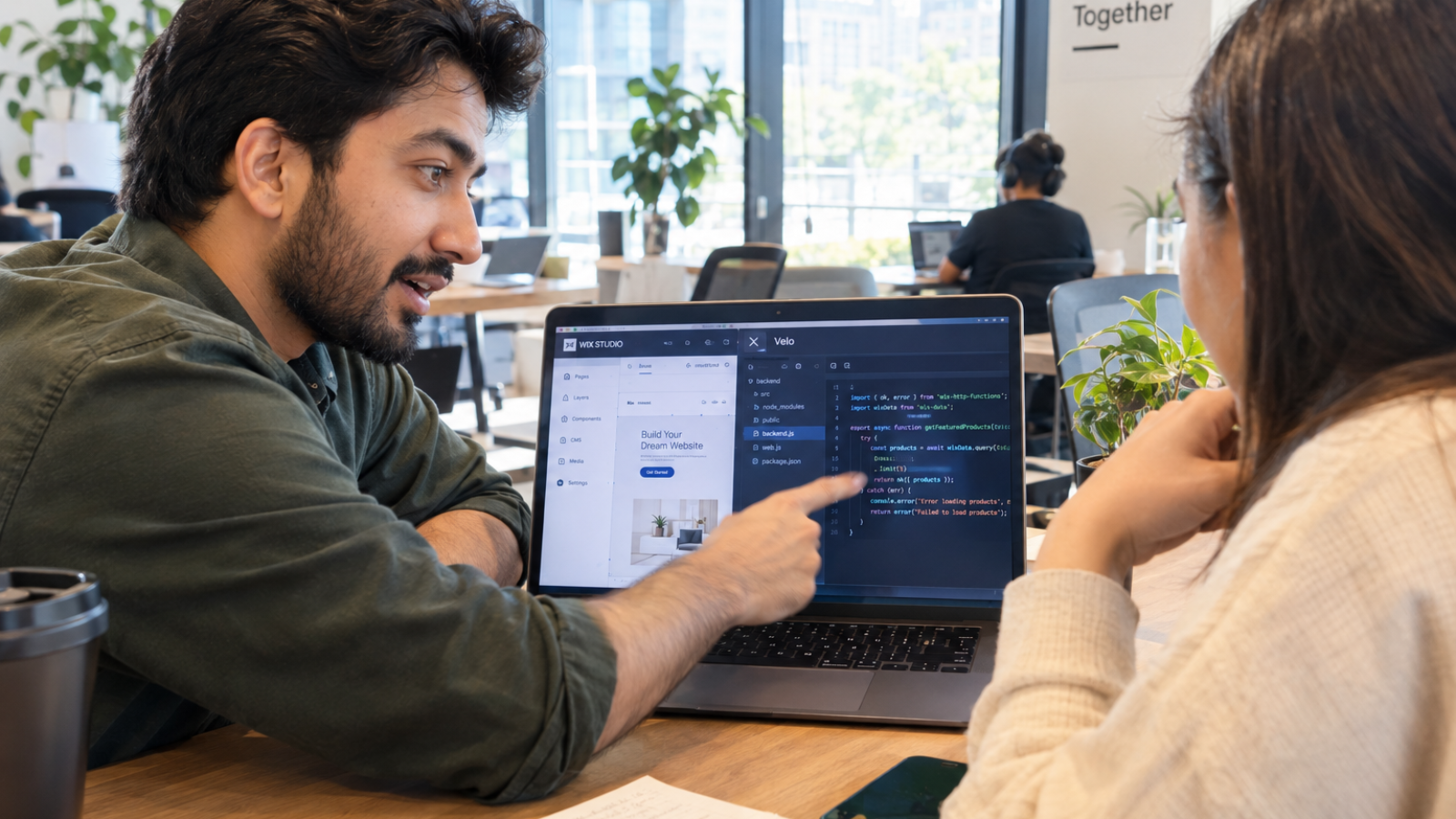 Developer showing a client custom code in the Velo panel, explaining when a Wix Velo developer is needed