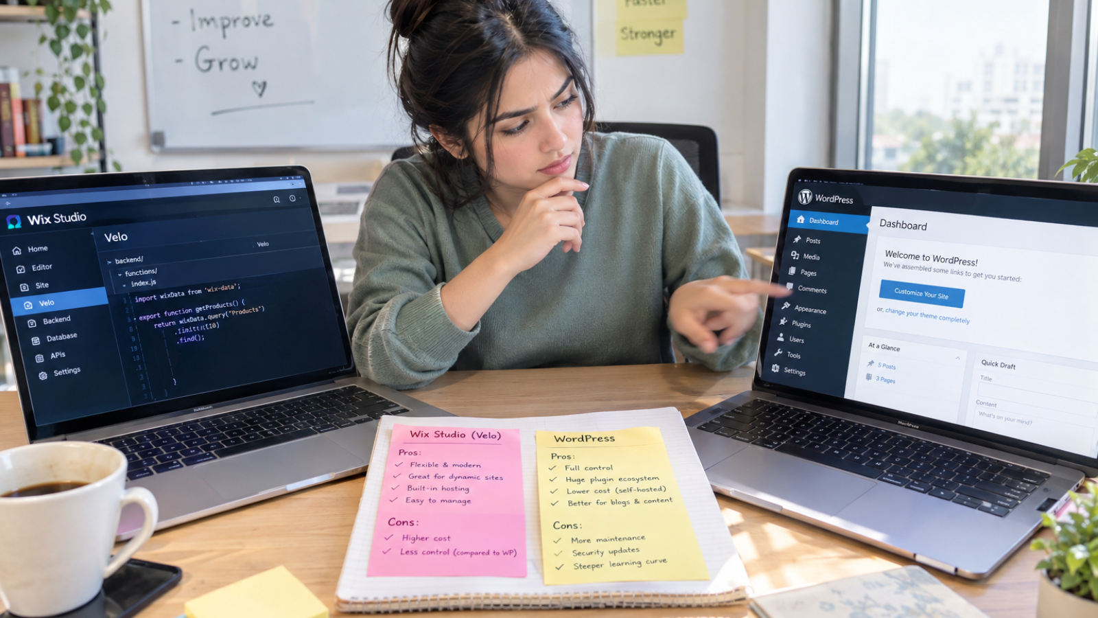 Developer comparing Wix Velo vs WordPress side by side on two laptops