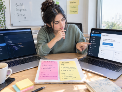 Developer comparing Wix Velo vs WordPress side by side on two laptops