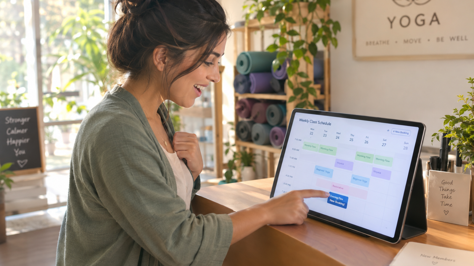Studio owner watching a Wix Velo booking system fill her class calendar on a tablet