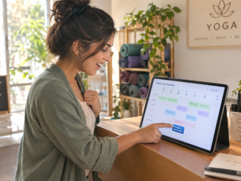 Studio owner watching a Wix Velo booking system fill her class calendar on a tablet
