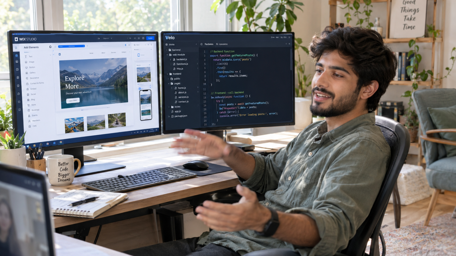 Developer explaining Wix Studio and Velo side by side on two monitors during a client call