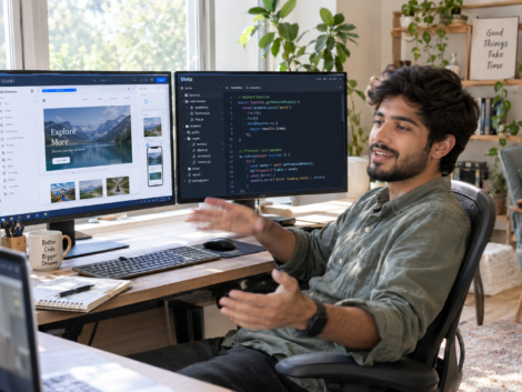 Developer explaining Wix Studio and Velo side by side on two monitors during a client call