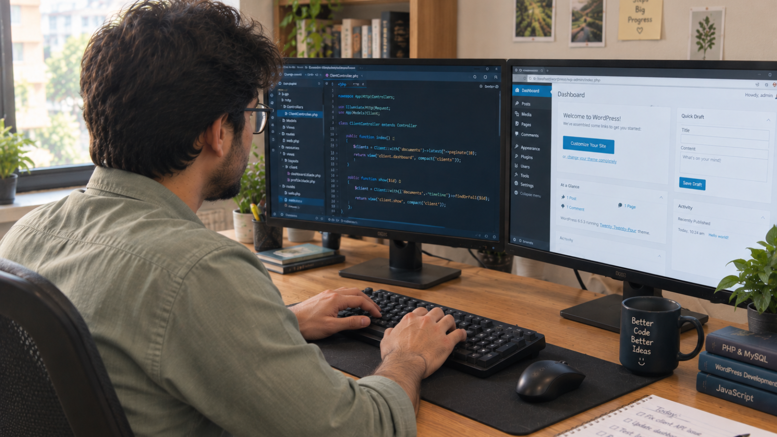Developer pointing at code on screen during custom WordPress plugin development for a client project