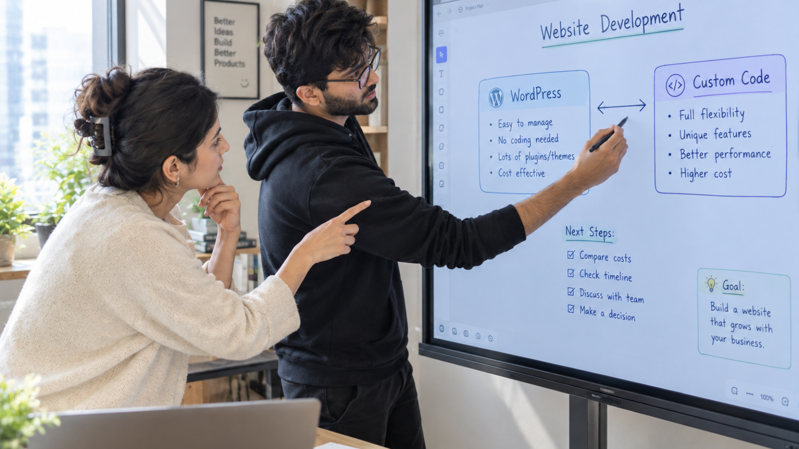 Developer and business owner comparing WordPress vs custom code options on a whiteboard