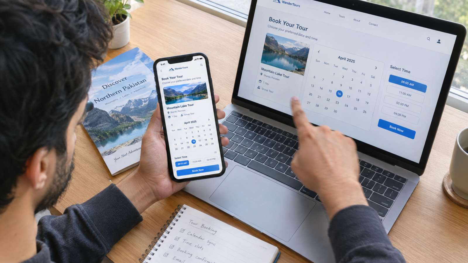 Developer comparing mobile and desktop views during a FareHarbor WordPress integration build