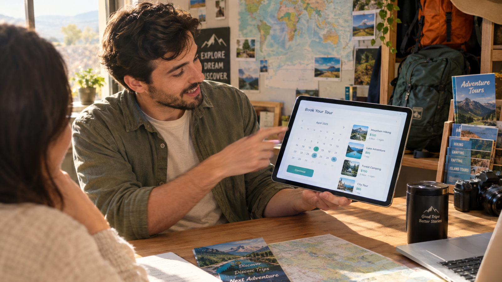 Tour operator pointing at a mobile booking calendar, showcasing must-have tour booking website features