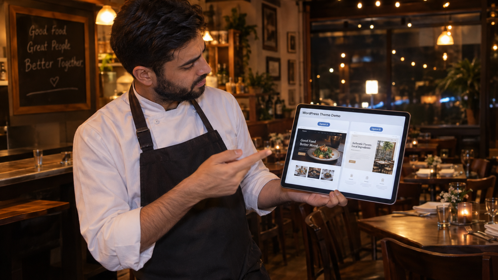 Restaurant owner comparing WordPress themes for restaurants on a tablet in his dining room