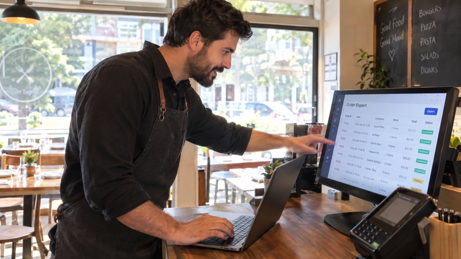 Restaurant manager exporting order data during a GloriaFood to WooCommerce migration