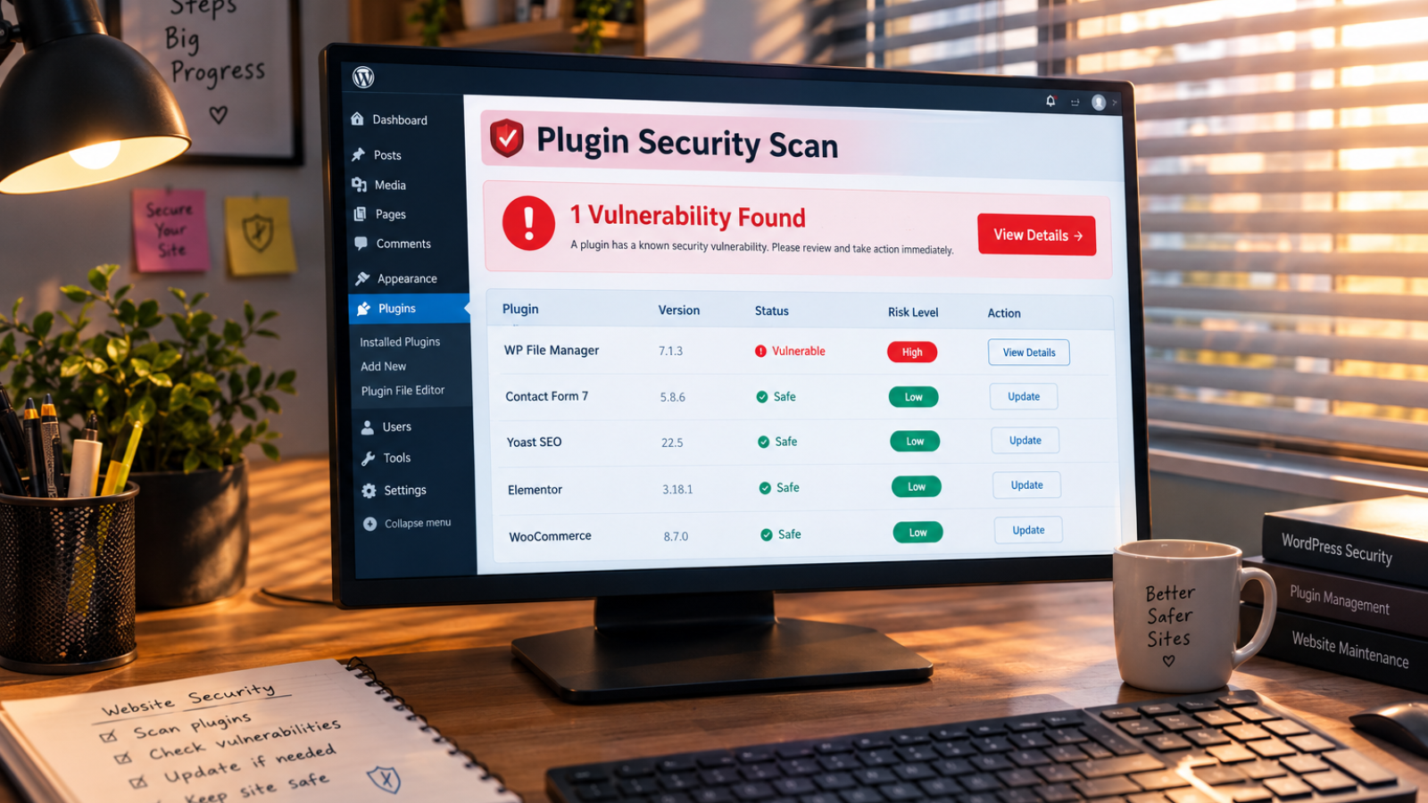 Business owner reviewing a security scan while following a WordPress security checklist