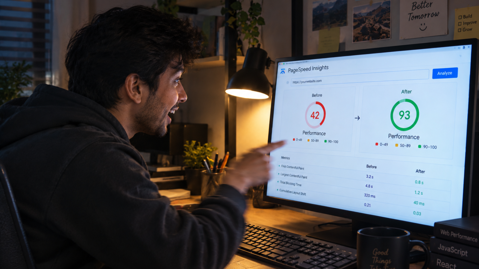 Developer reacting to a passing score after work to improve Core Web Vitals on WordPress
