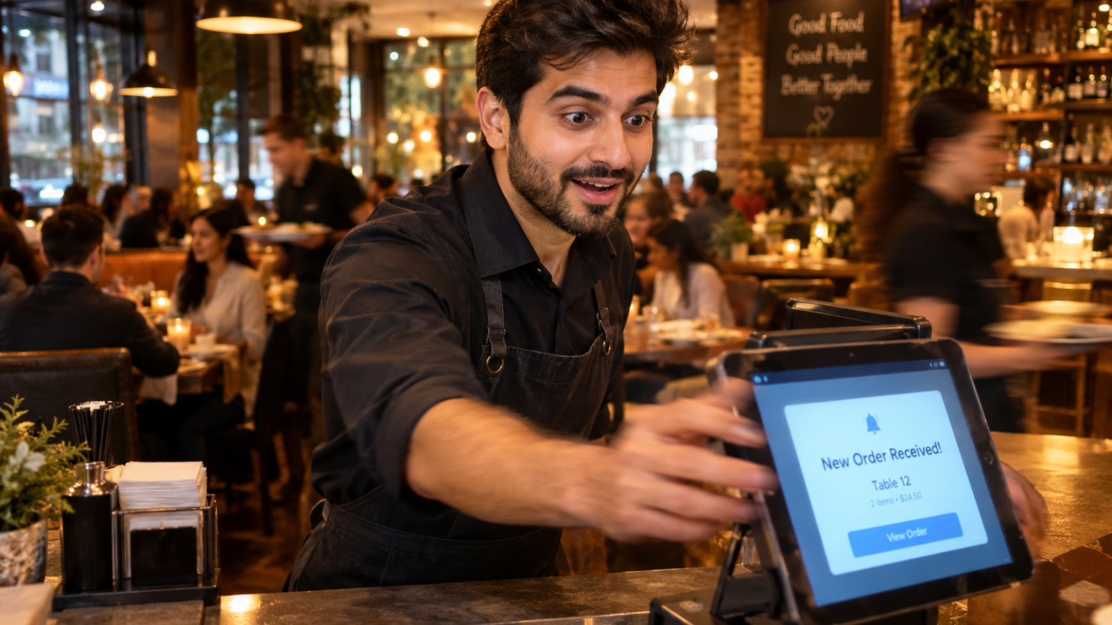 Restaurant owner reacting to a new order from their WooCommerce store for restaurants