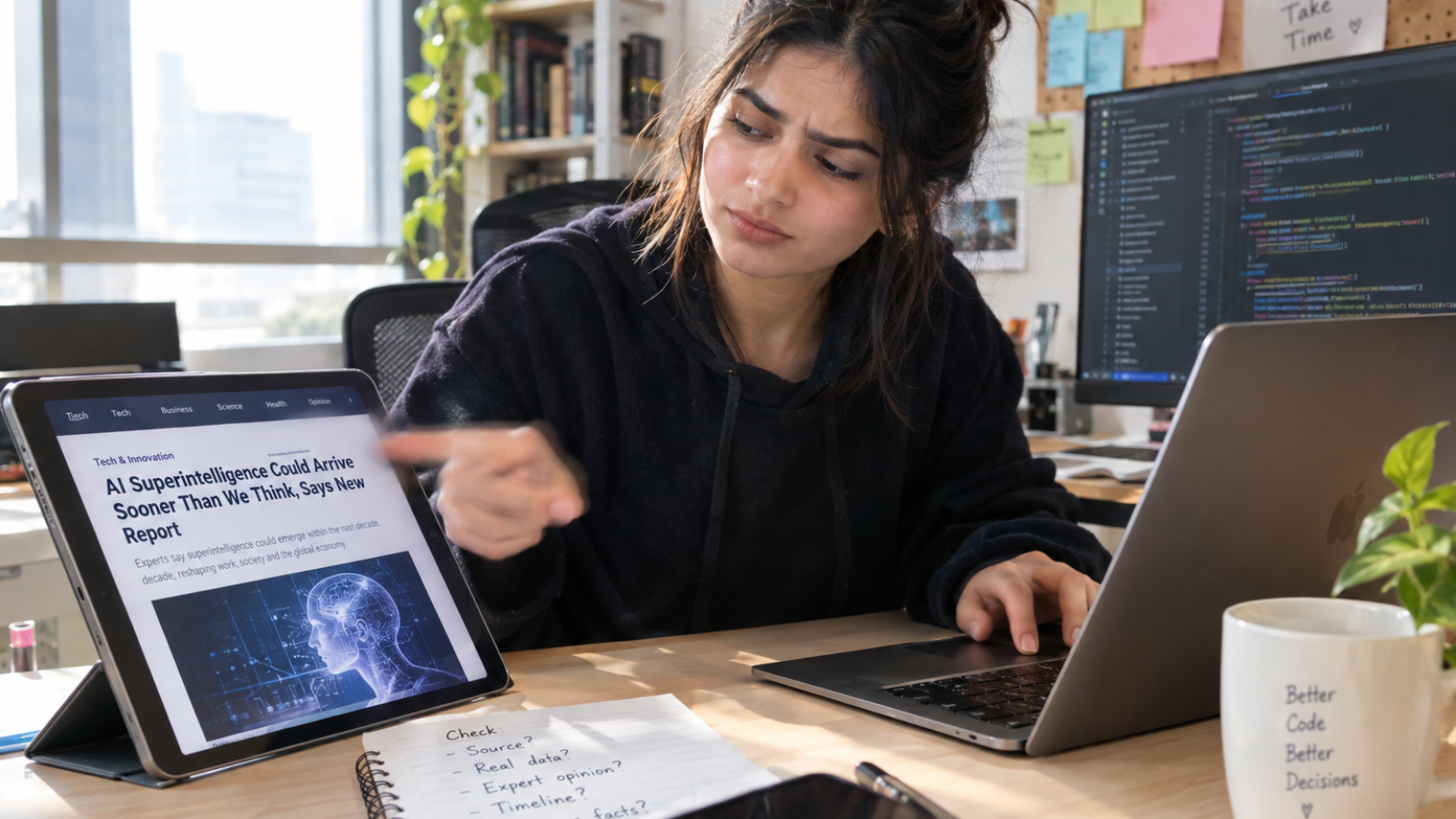 Developer skeptically reviewing an AI superintelligence 2026 headline before getting back to real code