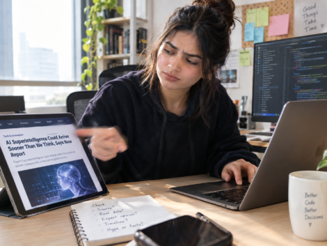Developer skeptically reviewing an AI superintelligence 2026 headline before getting back to real code
