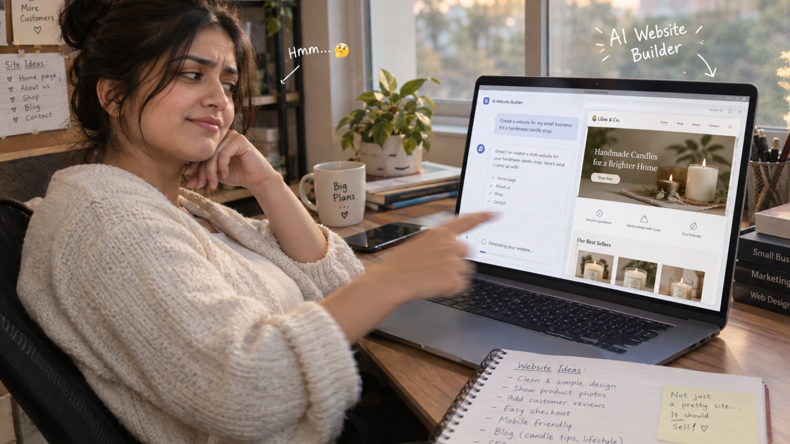 Business owner reacting to an AI in website development tool generating her first site draft