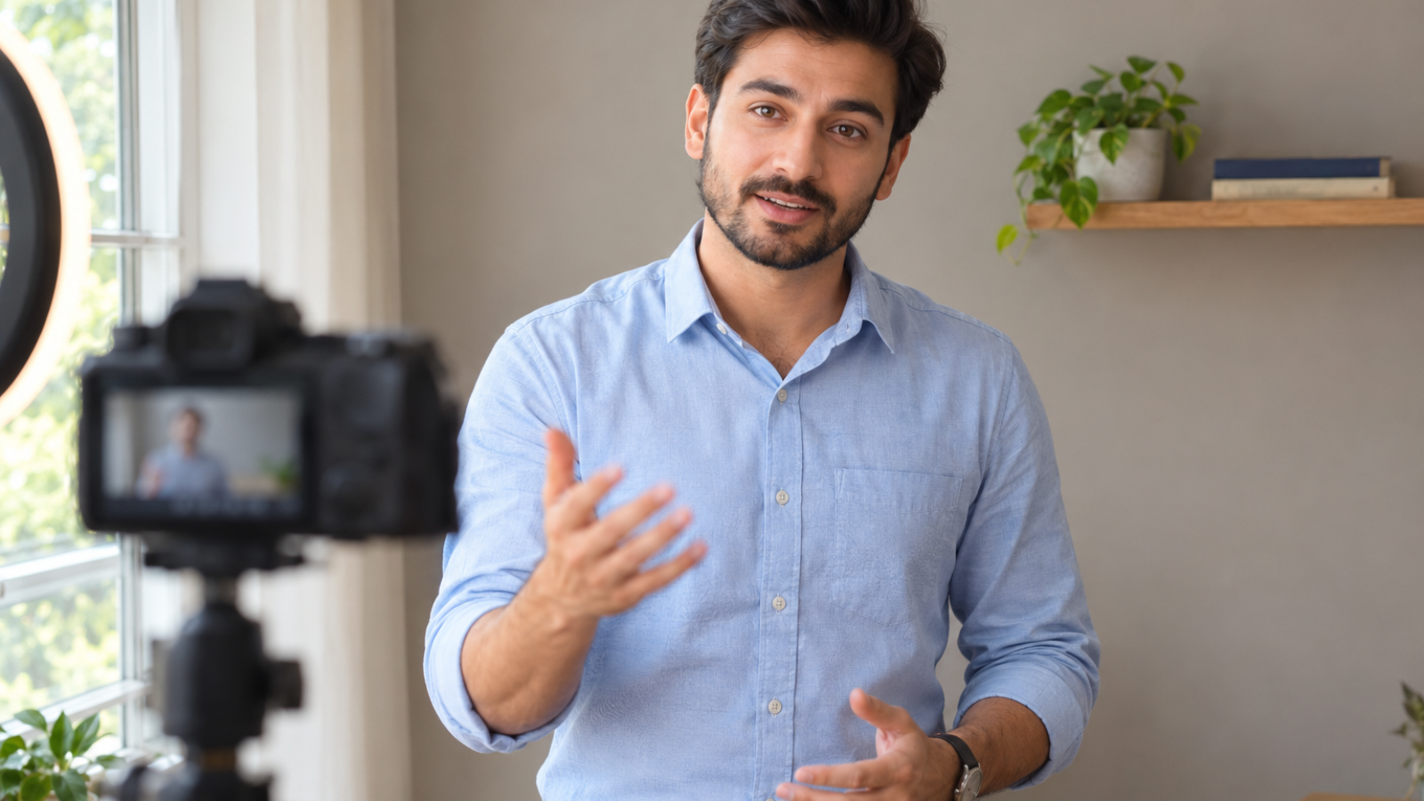 Presenter gesturing while recording a video that makes superintelligence explained in plain English