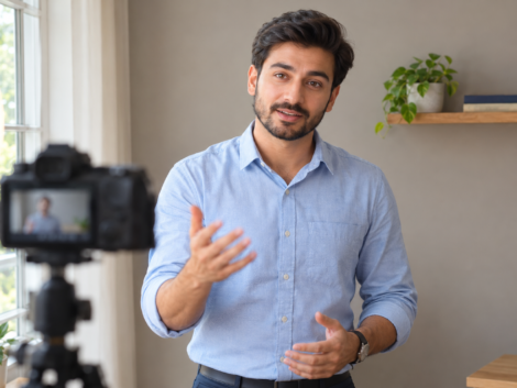 Presenter gesturing while recording a video that makes superintelligence explained in plain English