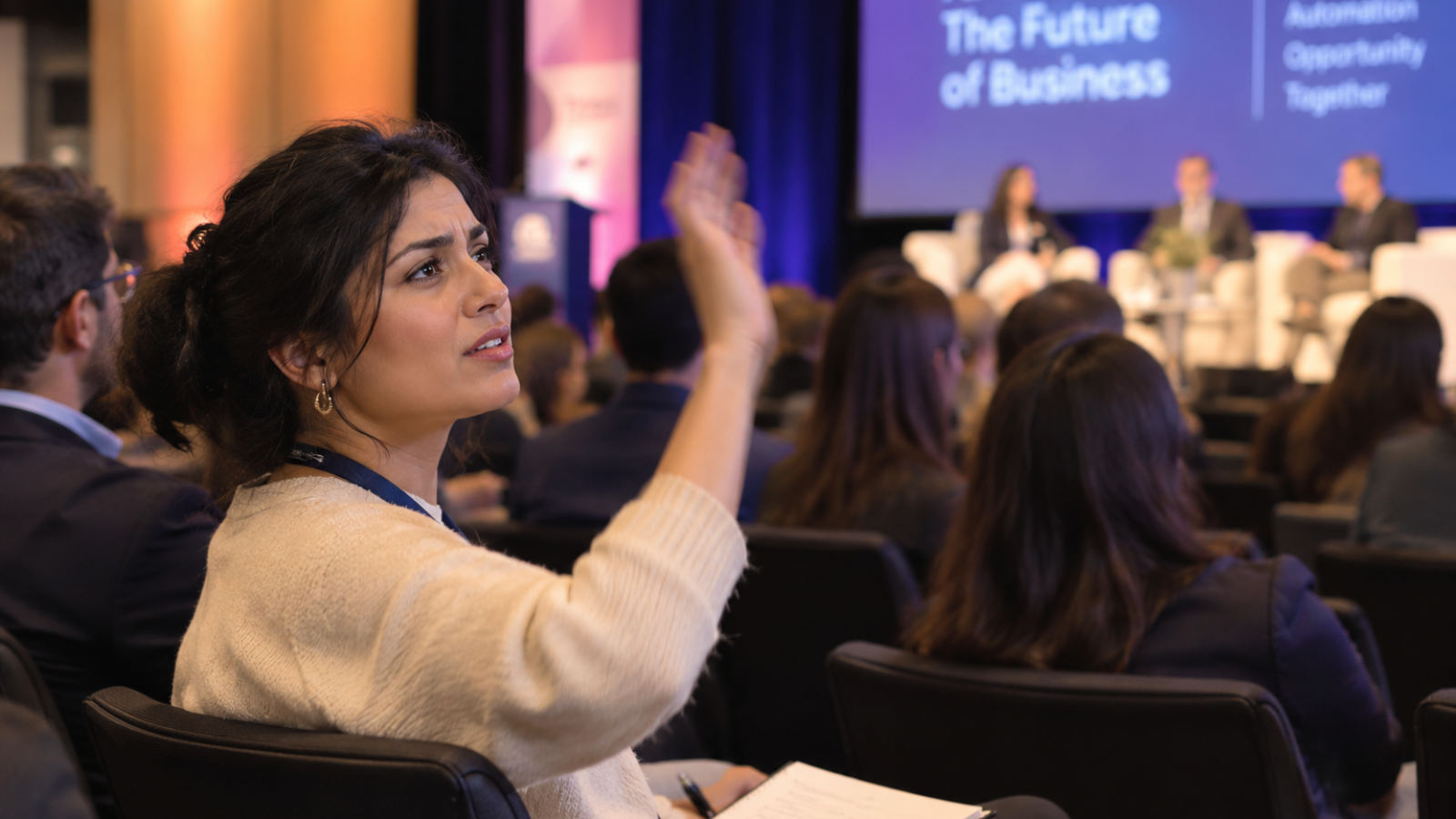 Business owner asking whether superintelligence is the future of AI at a tech conference panel