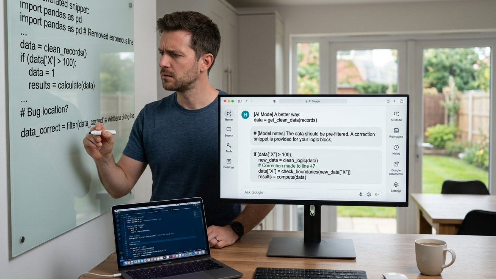 Freelance developer reviewing AI-generated code and circling a bug on a glass board