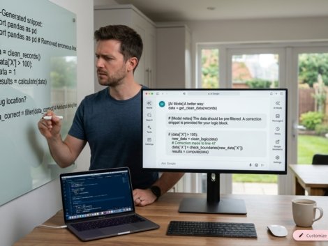 Freelance developer reviewing AI-generated code and circling a bug on a glass board