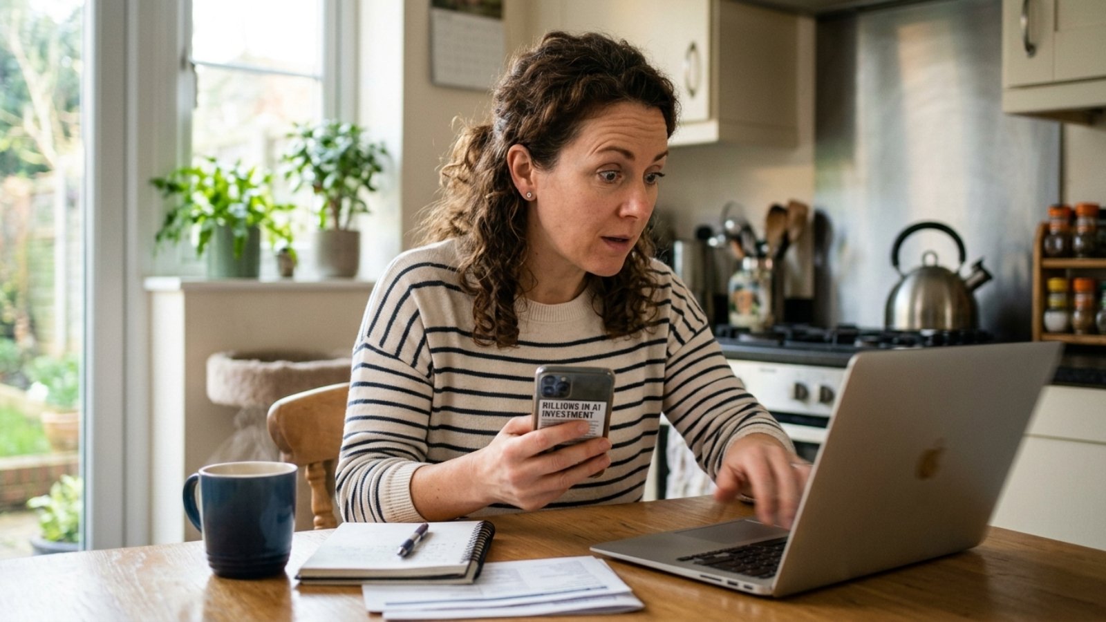 A small business owner sits at her kitchen table scrolling through tech news on her phone, eyebrows raised as she reads a headline about billions in AI investment, one hand reaching for her laptop as if to research it further mid-motion. Soft morning light through the window, realistic photography style, slight motion blur on the reaching hand, coffee mug and notebook on the table.
