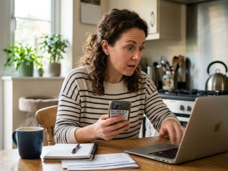 A small business owner sits at her kitchen table scrolling through tech news on her phone, eyebrows raised as she reads a headline about billions in AI investment, one hand reaching for her laptop as if to research it further mid-motion. Soft morning light through the window, realistic photography style, slight motion blur on the reaching hand, coffee mug and notebook on the table.